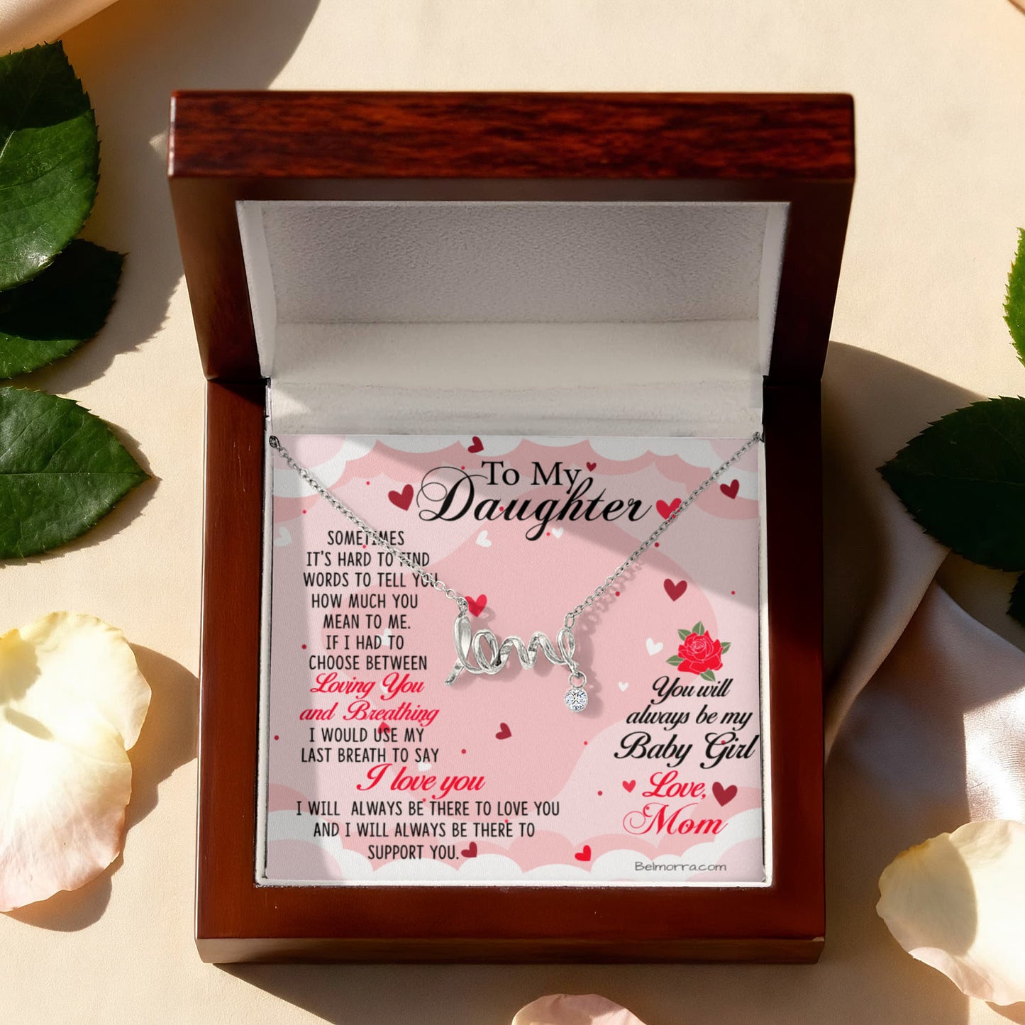 Scripted Love Necklace for Daughter - "Always be my Baby Girl" - Mom Light Pink & Hearts