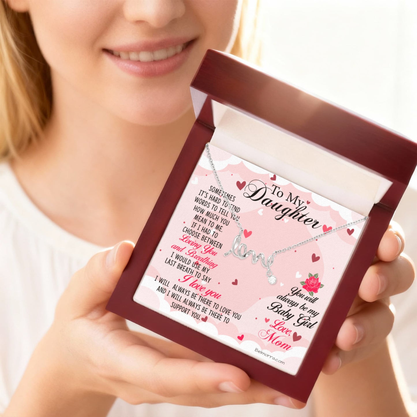Scripted Love Necklace for Daughter - "Always be my Baby Girl" - Mom Light Pink & Hearts