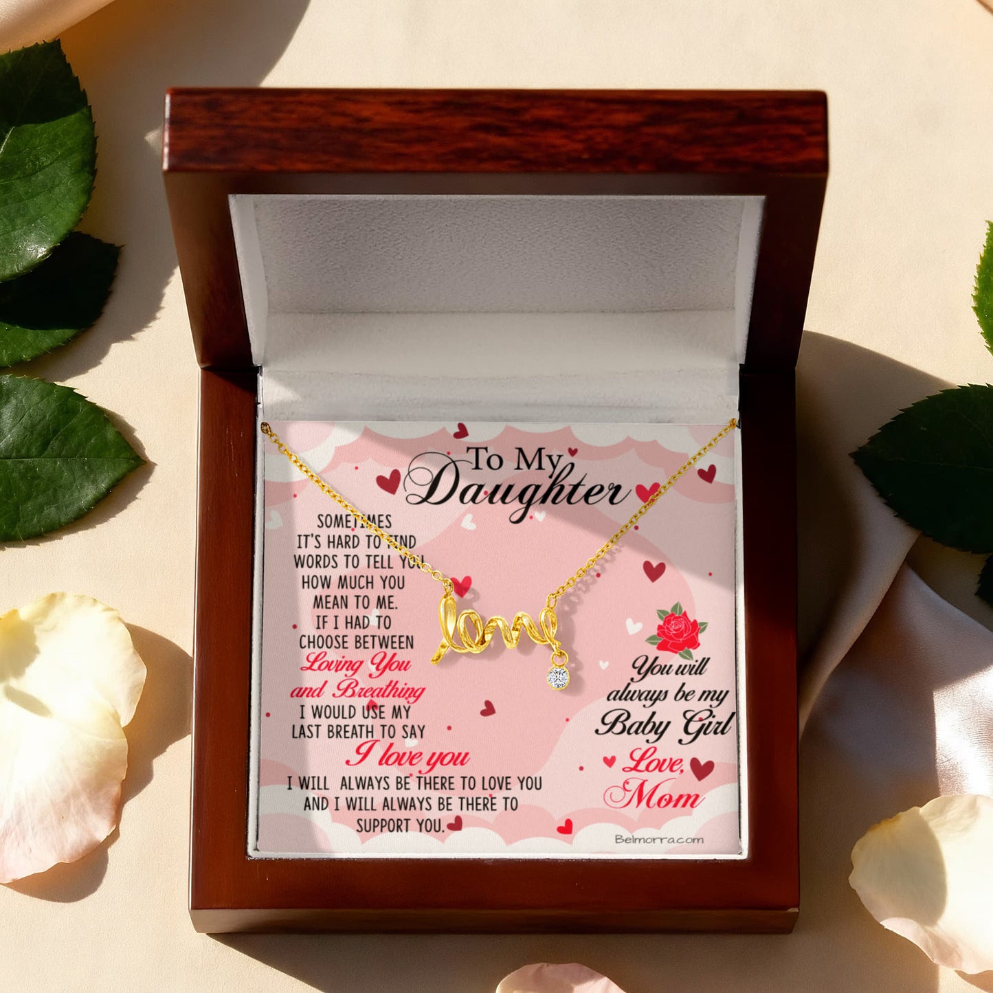 Scripted Love Necklace for Daughter - "Always be my Baby Girl" - Mom Light Pink & Hearts
