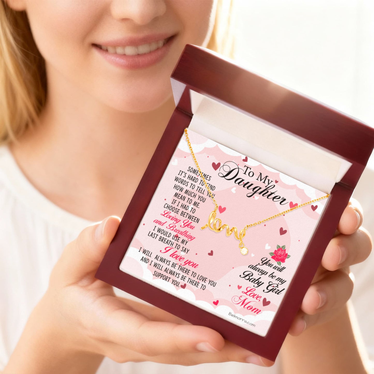 Scripted Love Necklace for Daughter - "Always be my Baby Girl" - Mom Light Pink & Hearts