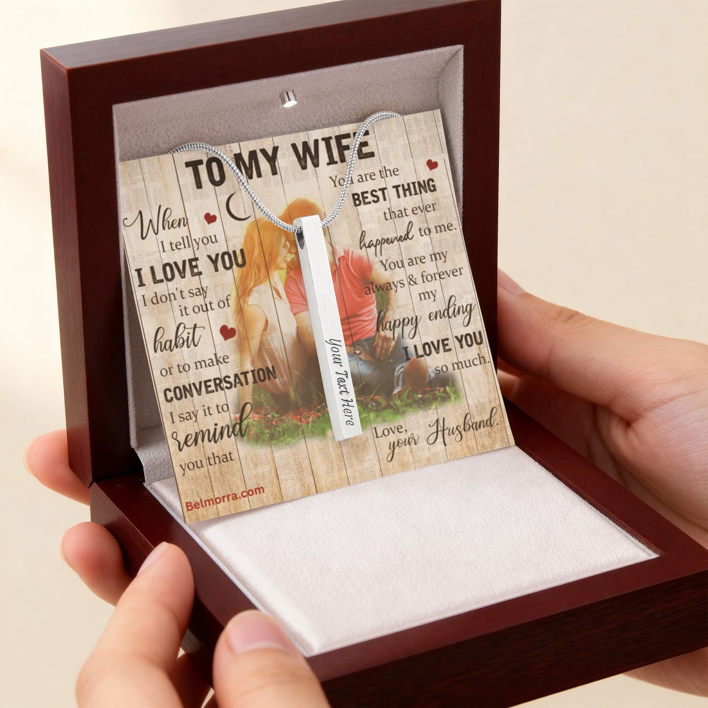 Engraved 4-Sided Stick Necklace for Wife "You Are the Best Thing" (Wood with Couple )