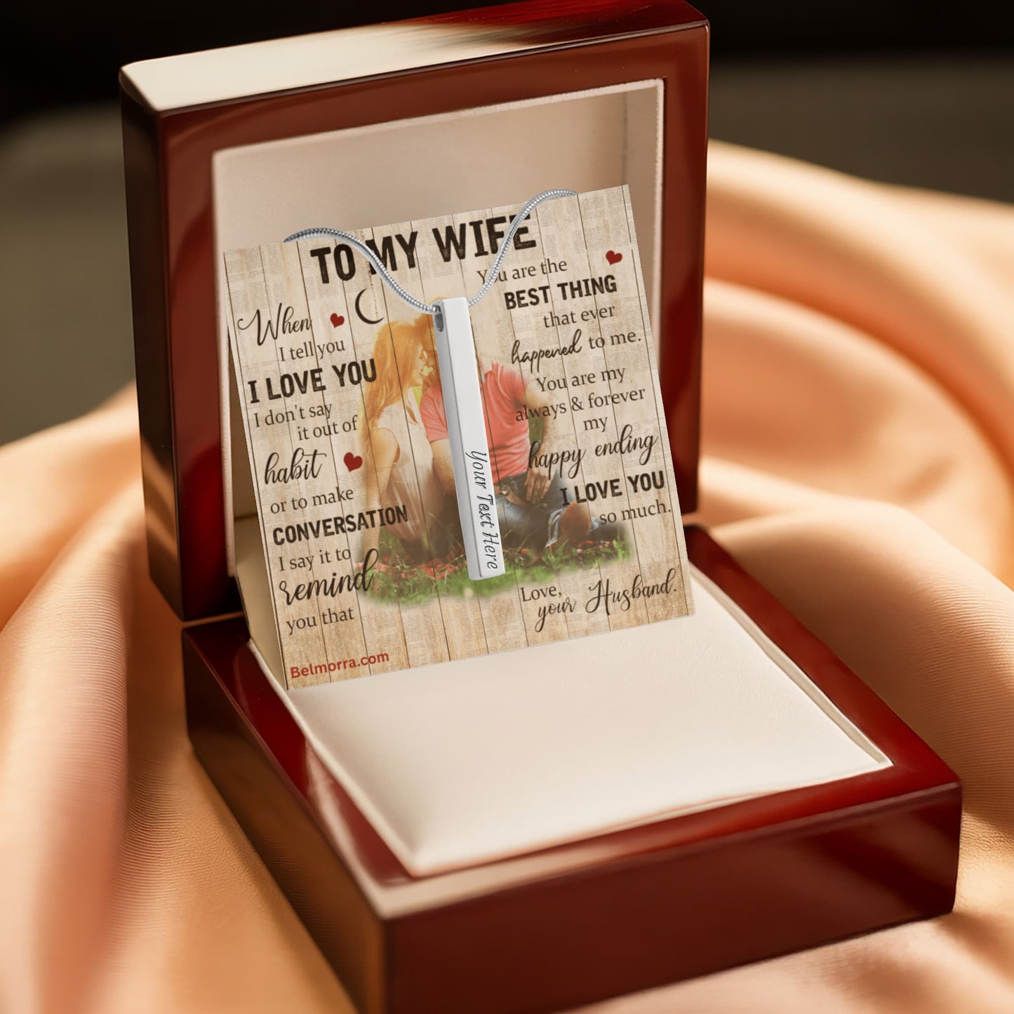 Engraved 4-Sided Stick Necklace for Wife "You Are the Best Thing" (Wood with Couple )