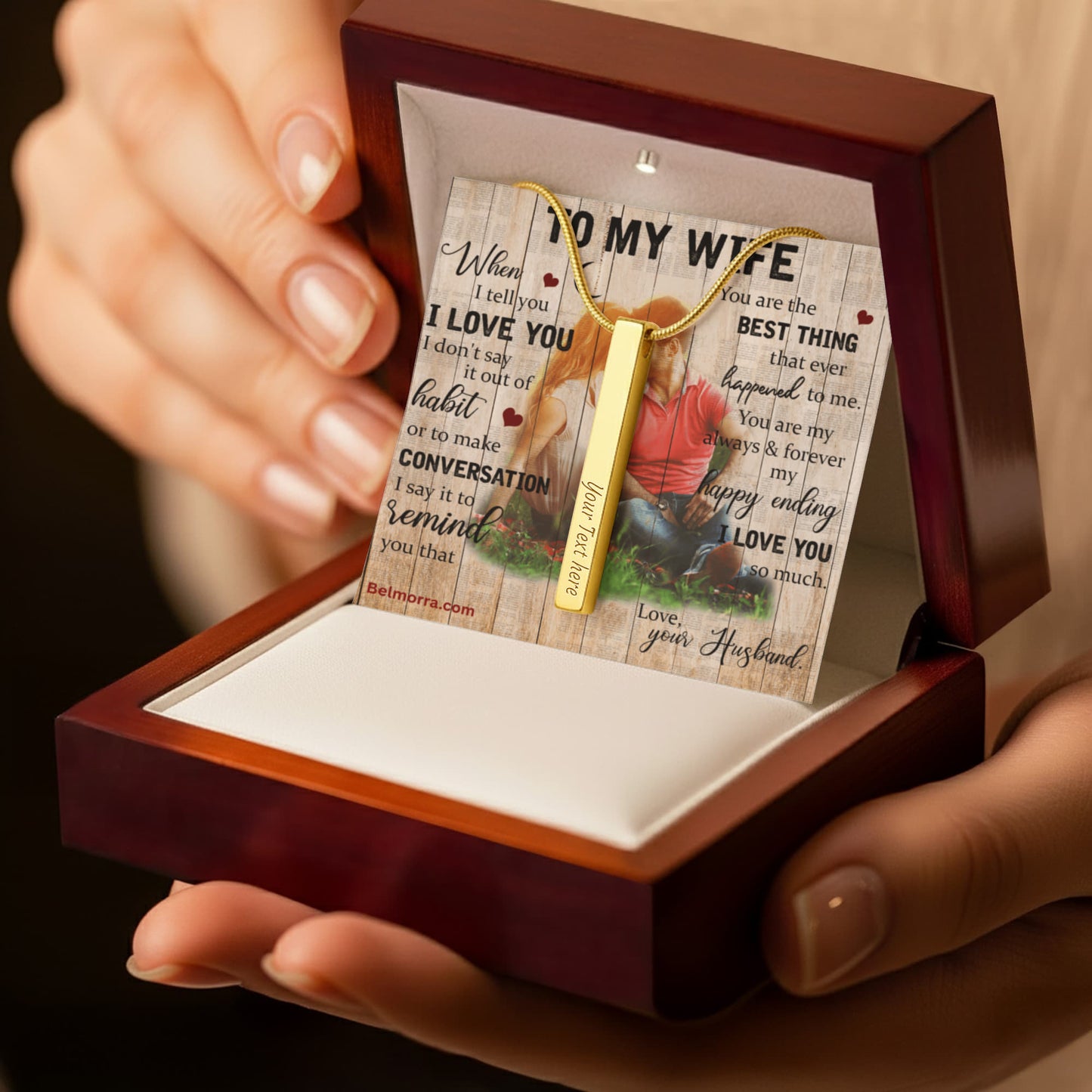 Engraved 4-Sided Stick Necklace for Wife "You Are the Best Thing" (Wood with Couple )