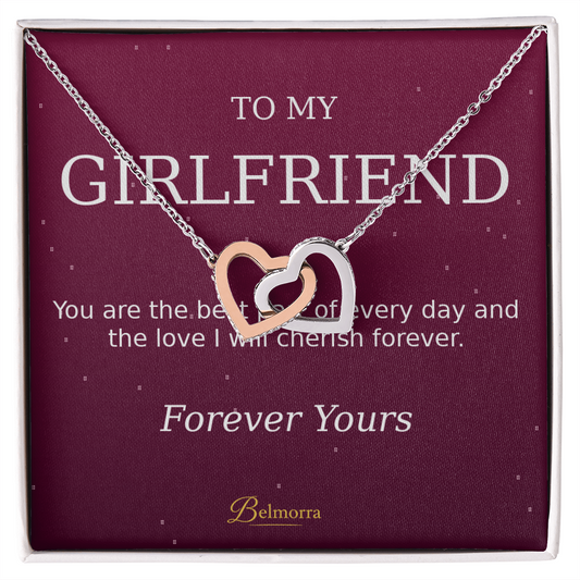 Interlocking Hearts Necklace for Girlfriend "You Are the Best Part" (Deep Luxe Pink)