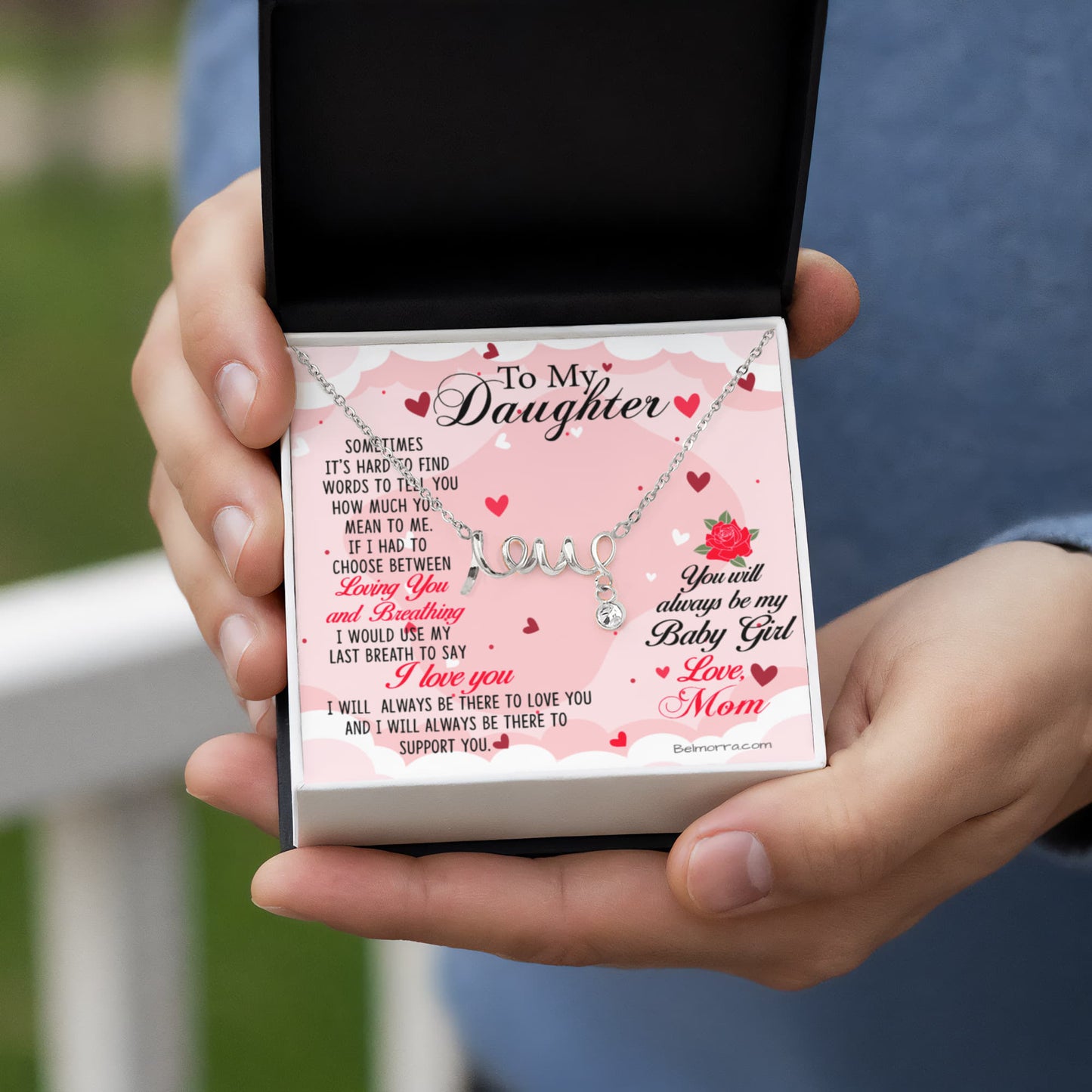 Scripted Love Necklace for Daughter - "Always be my Baby Girl" - Mom Light Pink & Hearts