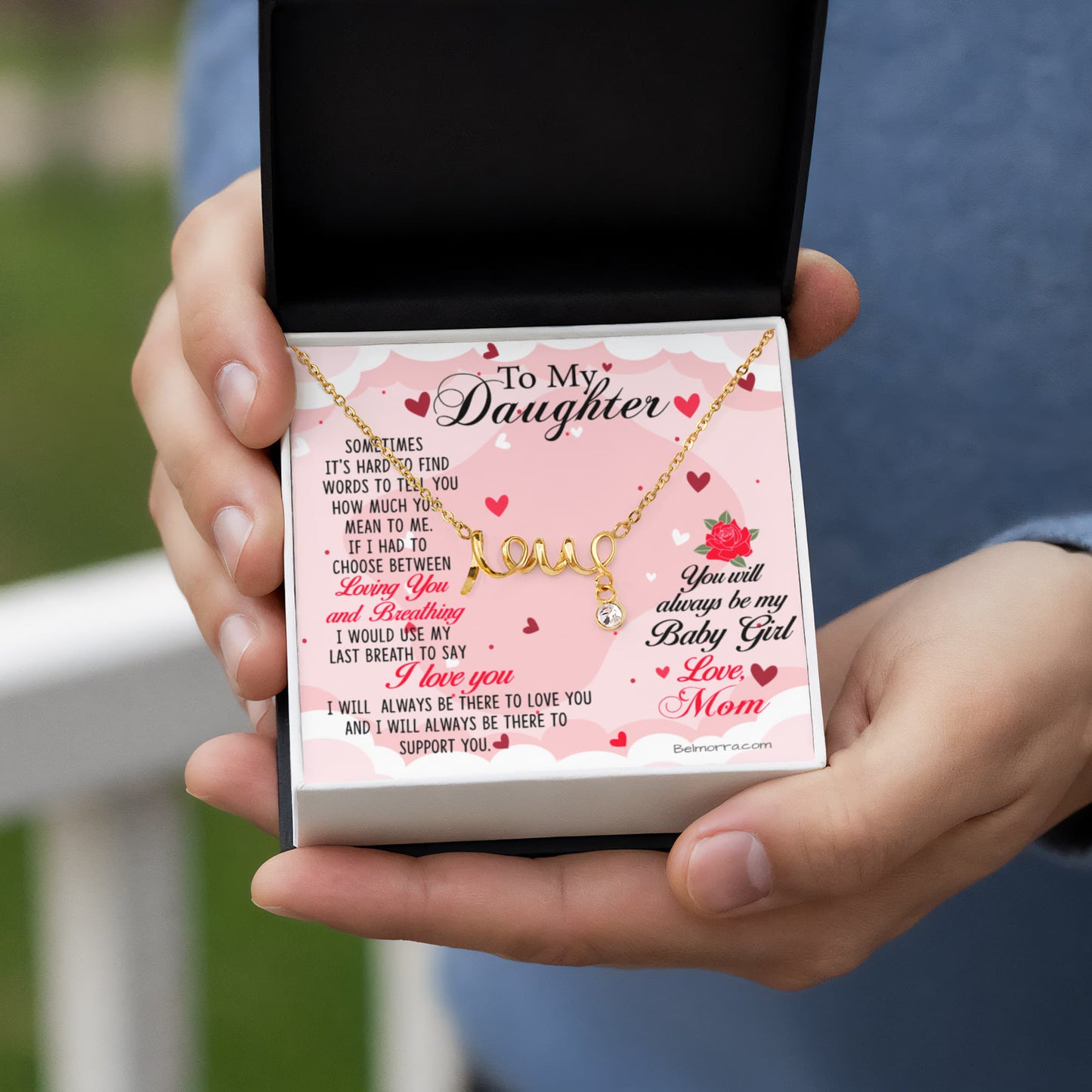 Scripted Love Necklace for Daughter - "Always be my Baby Girl" - Mom Light Pink & Hearts