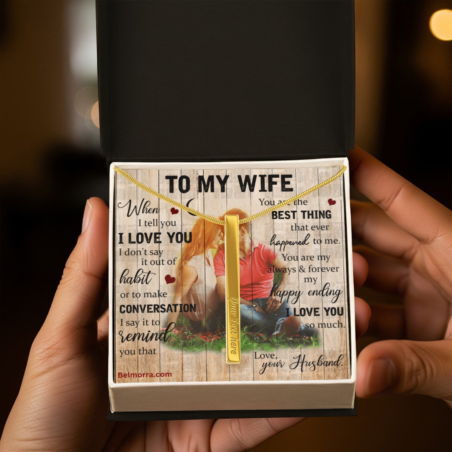 Engraved 4-Sided Stick Necklace for Wife "You Are the Best Thing" (Wood with Couple )