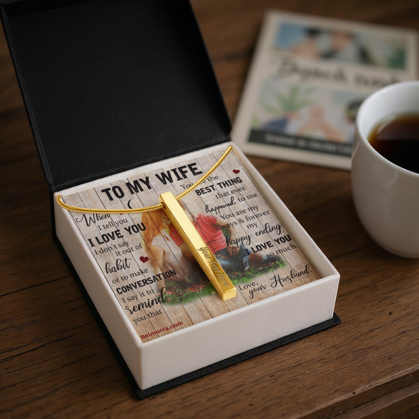 Engraved 4-Sided Stick Necklace for Wife "You Are the Best Thing" (Wood with Couple )