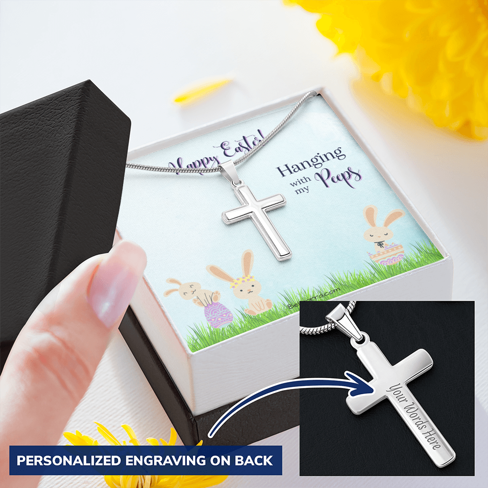 Personalized Cross Necklace with Snake Chain - Happy Easter - Hanging with my Peeps