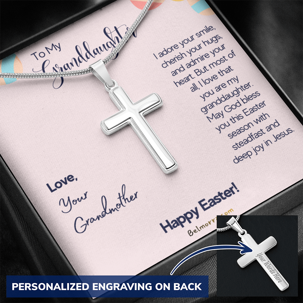 Personalized Cross Necklace with Snake Chain for Granddaughter - Happy Easter - Grandmother Pink & Eggs