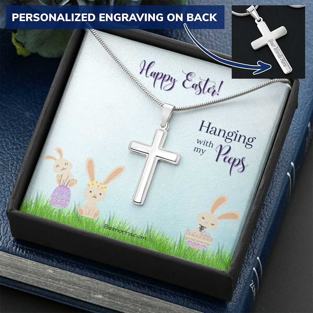Personalized Cross Necklace with Snake Chain - Happy Easter - Hanging with my Peeps