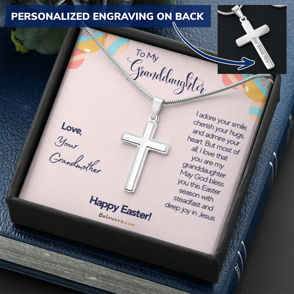 Personalized Cross Necklace with Snake Chain for Granddaughter - Happy Easter - Grandmother Pink & Eggs