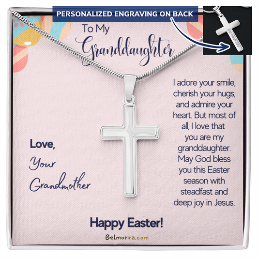 Personalized Cross Necklace with Snake Chain for Granddaughter - Happy Easter - Grandmother Pink & Eggs