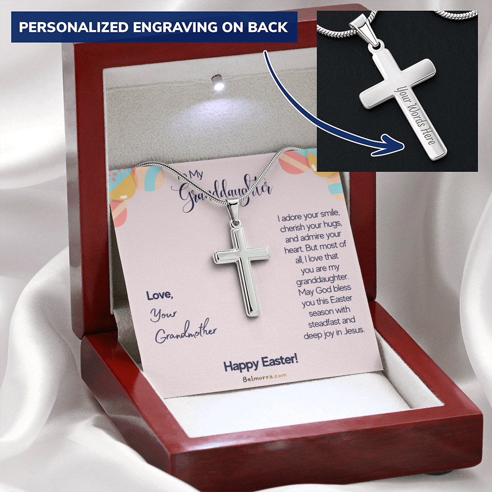 Personalized Cross Necklace with Snake Chain for Granddaughter - Happy Easter - Grandmother Pink & Eggs
