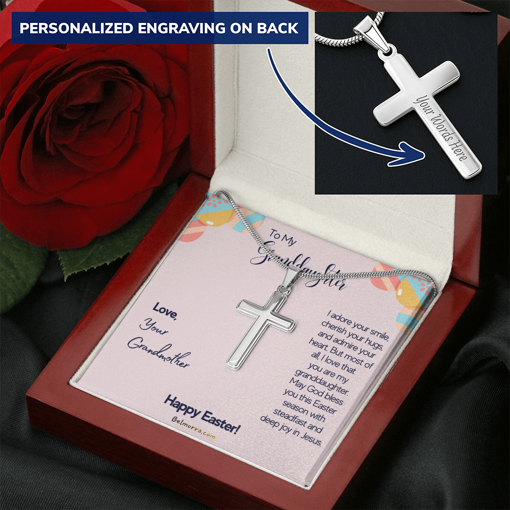 Personalized Cross Necklace with Snake Chain for Granddaughter - Happy Easter - Grandmother Pink & Eggs