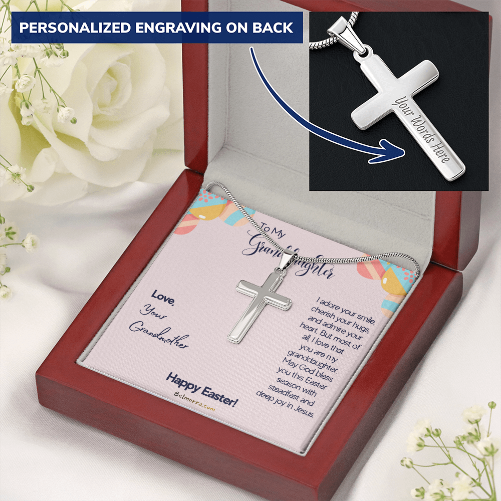 Personalized Cross Necklace with Snake Chain for Granddaughter - Happy Easter - Grandmother Pink & Eggs