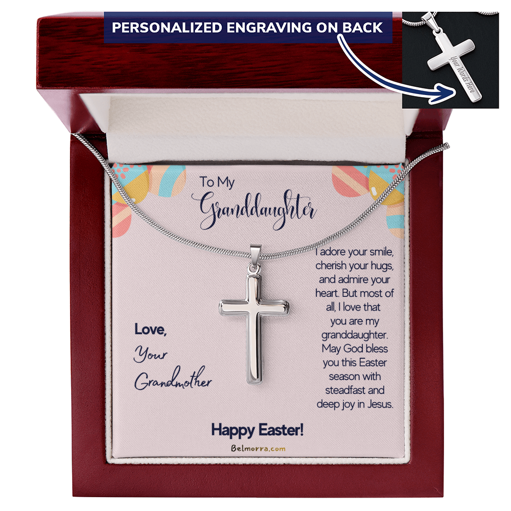 Personalized Cross Necklace with Snake Chain for Granddaughter - Happy Easter - Grandmother Pink & Eggs