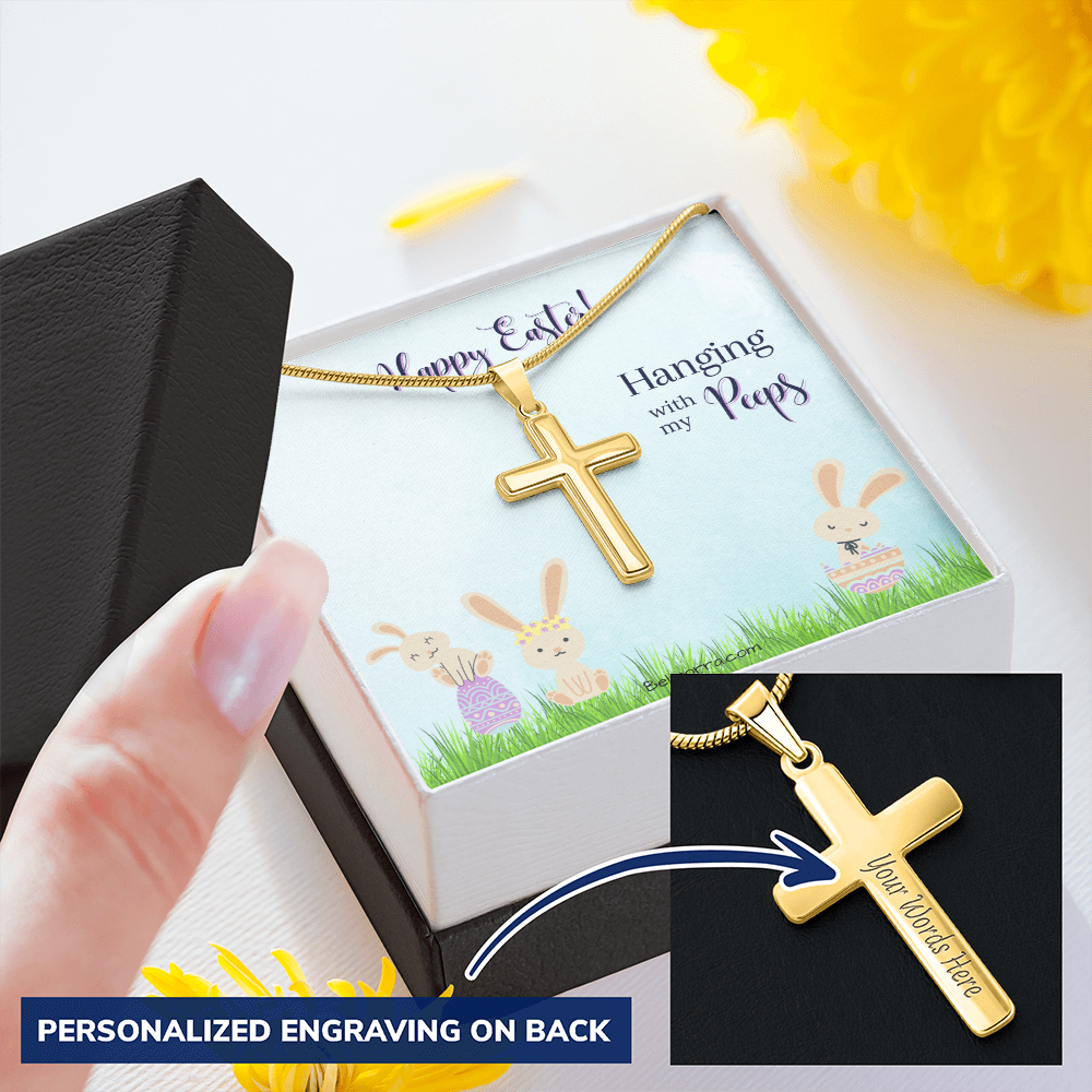 Personalized Cross Necklace with Snake Chain - Happy Easter - Hanging with my Peeps