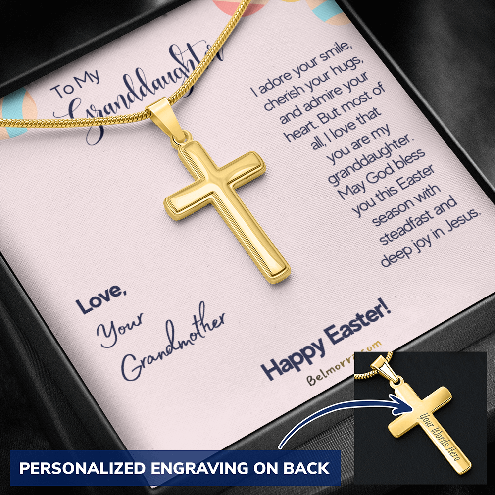 Personalized Cross Necklace with Snake Chain for Granddaughter - Happy Easter - Grandmother Pink & Eggs