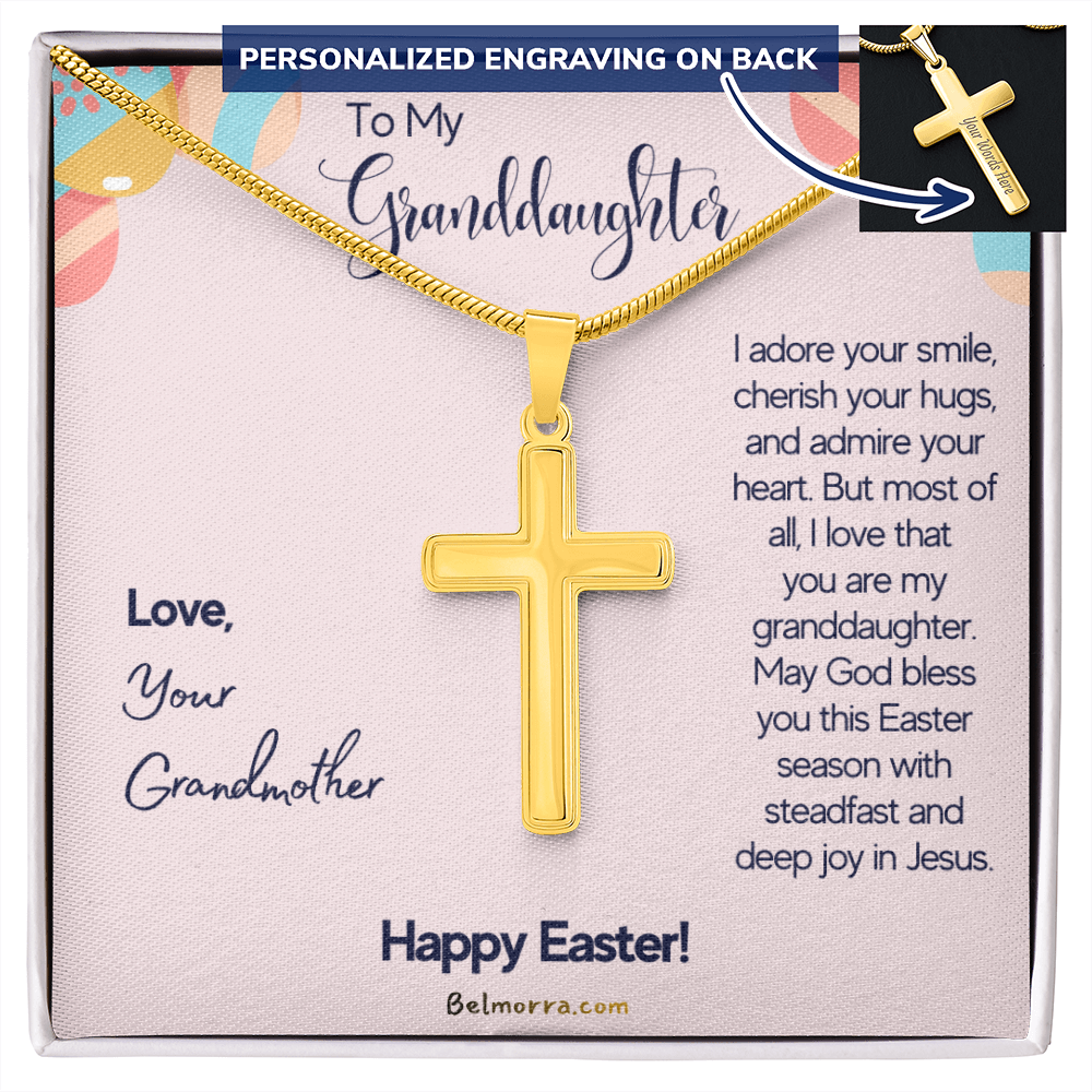 Personalized Cross Necklace with Snake Chain for Granddaughter - Happy Easter - Grandmother Pink & Eggs