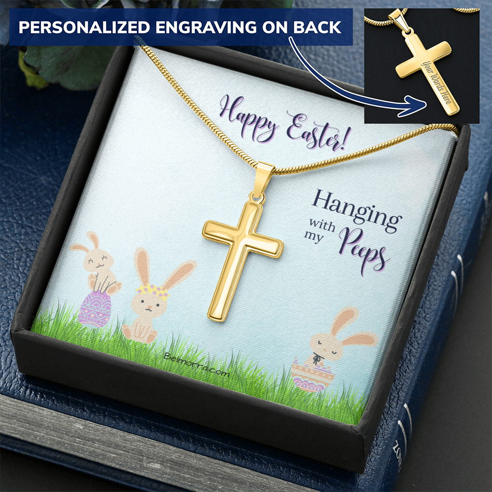 Personalized Cross Necklace with Snake Chain - Happy Easter - Hanging with my Peeps