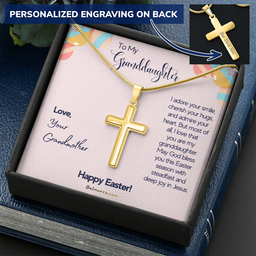 Personalized Cross Necklace with Snake Chain for Granddaughter - Happy Easter - Grandmother Pink & Eggs