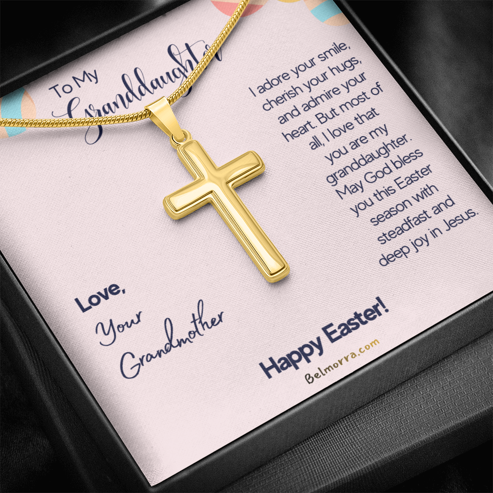 Personalized Cross Necklace with Snake Chain for Granddaughter - Happy Easter - Grandmother Pink & Eggs