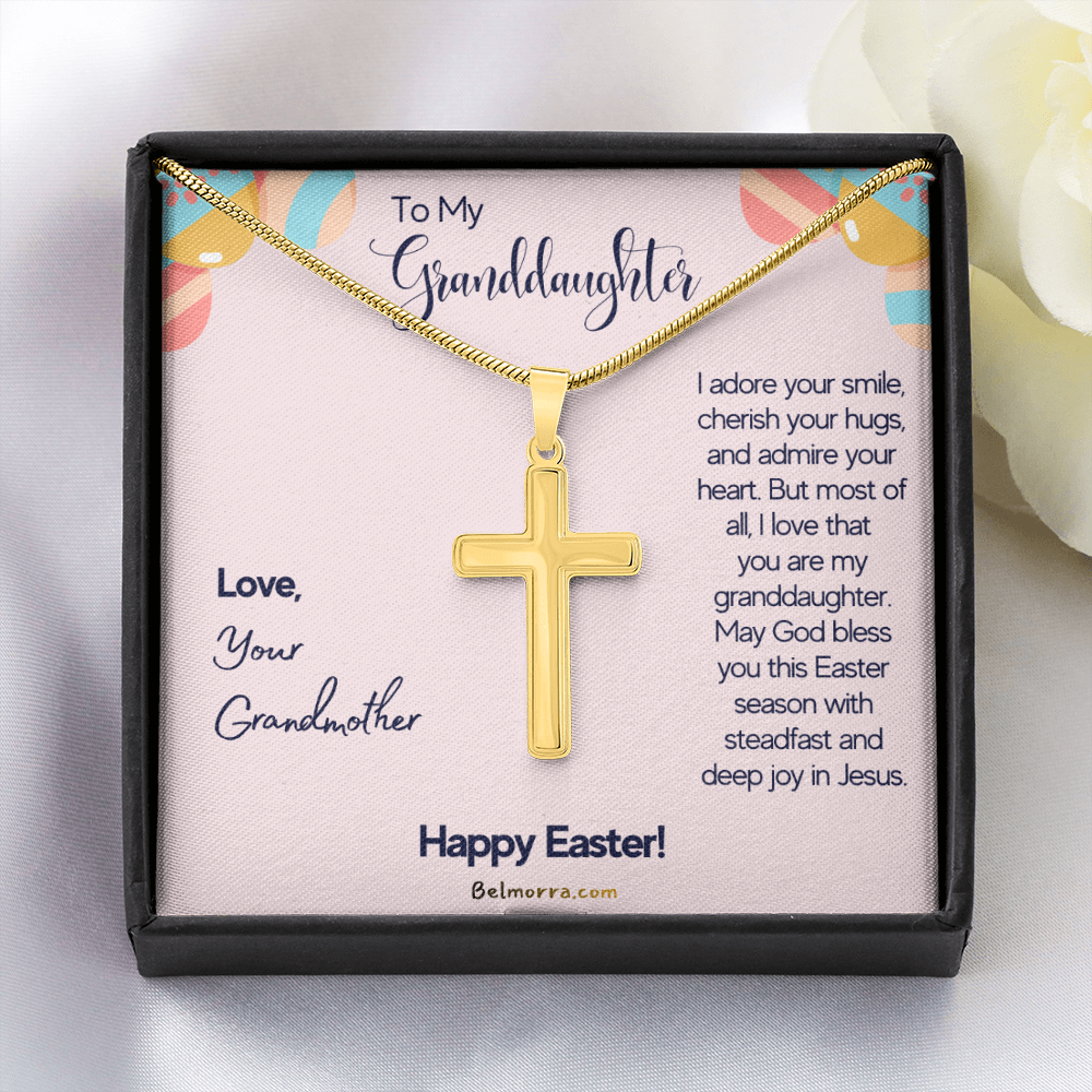 Personalized Cross Necklace with Snake Chain for Granddaughter - Happy Easter - Grandmother Pink & Eggs