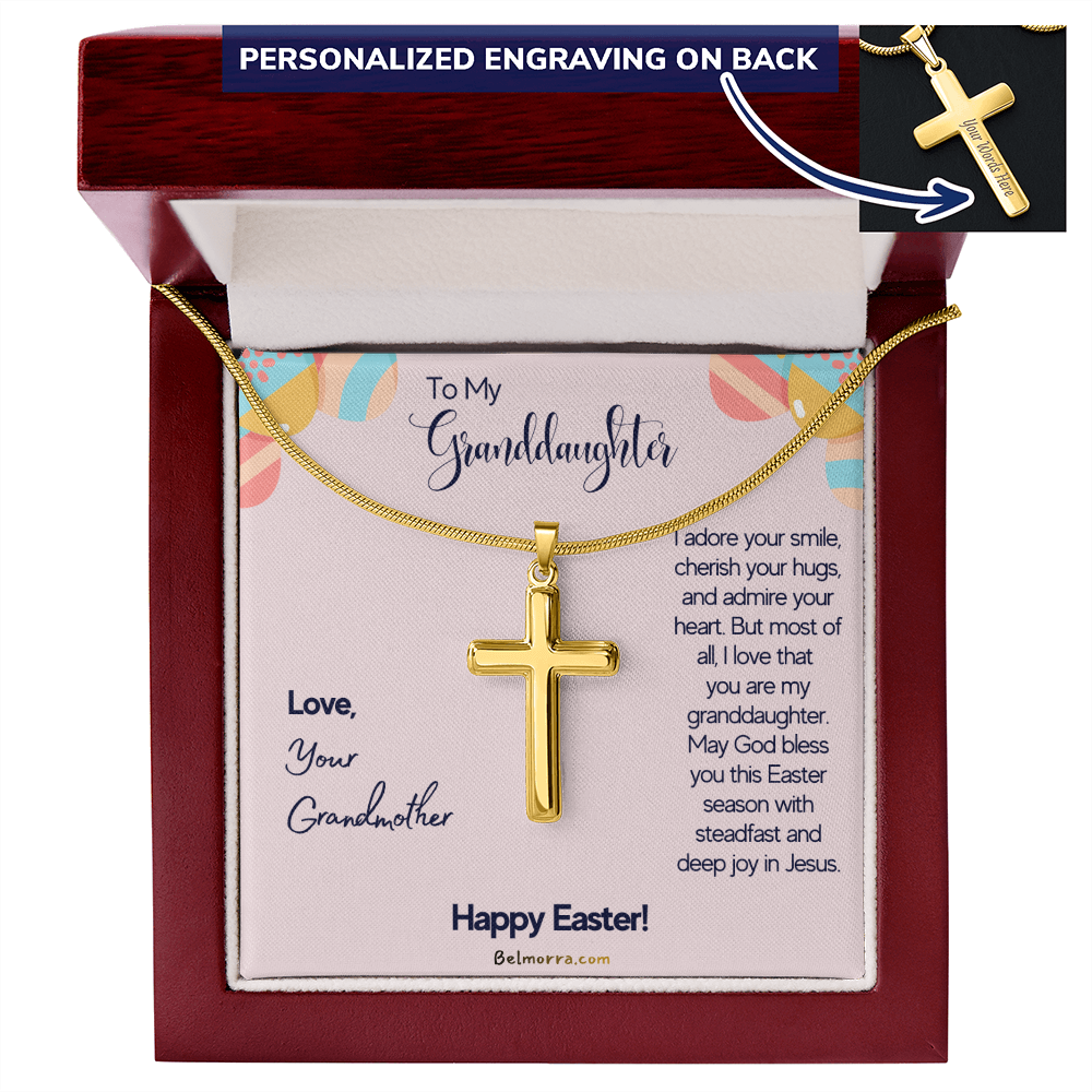 Personalized Cross Necklace with Snake Chain for Granddaughter - Happy Easter - Grandmother Pink & Eggs
