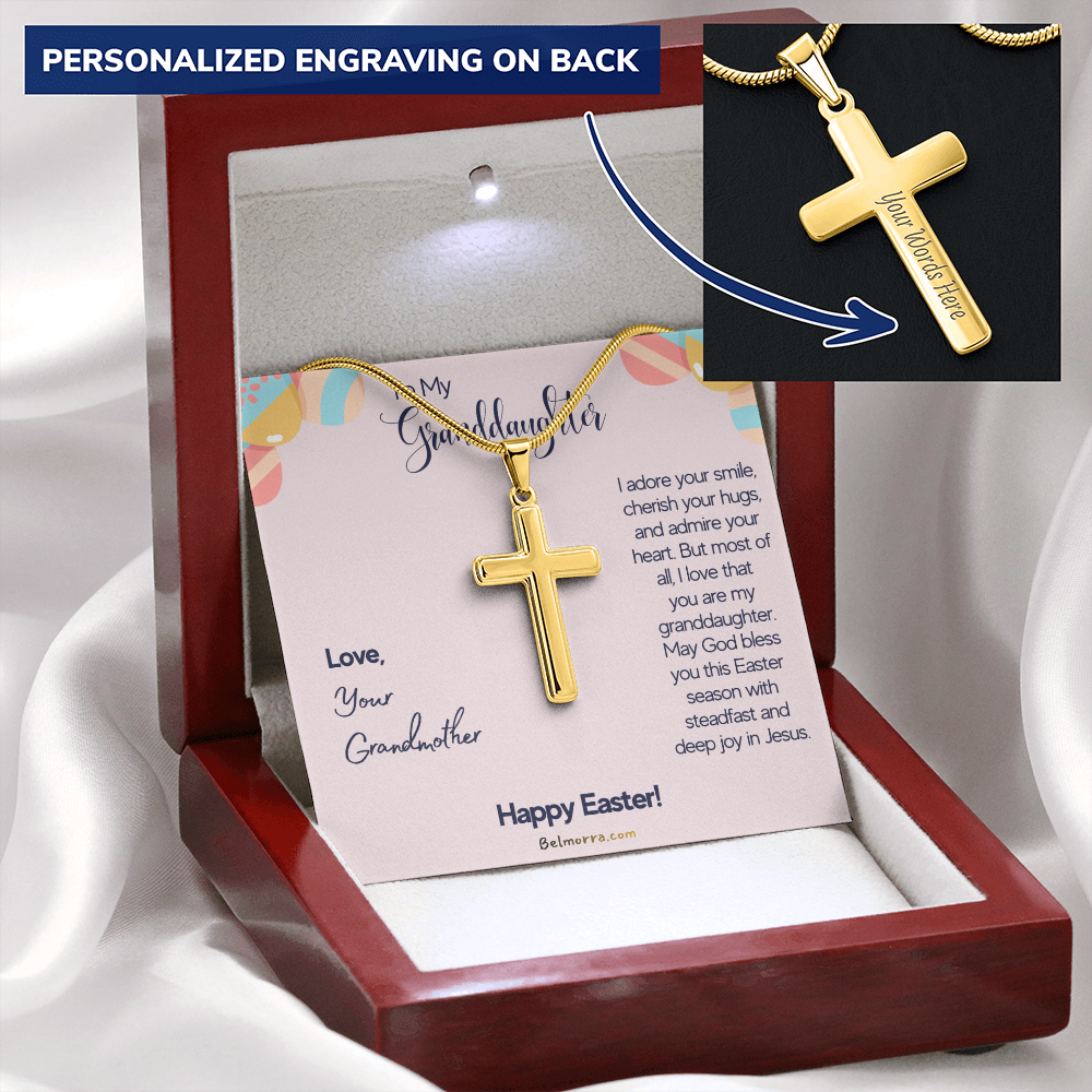 Personalized Cross Necklace with Snake Chain for Granddaughter - Happy Easter - Grandmother Pink & Eggs
