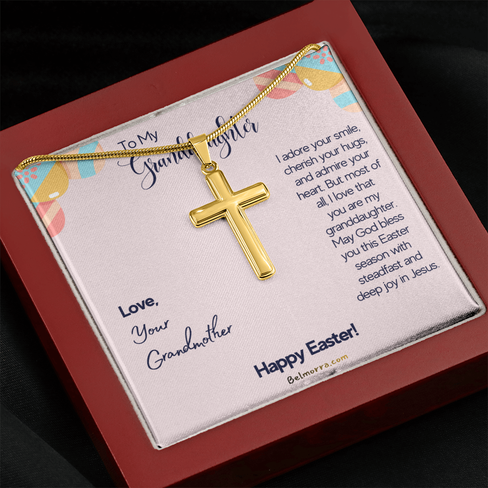 Personalized Cross Necklace with Snake Chain for Granddaughter - Happy Easter - Grandmother Pink & Eggs