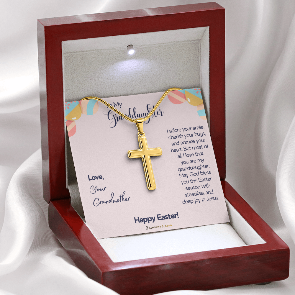 Personalized Cross Necklace with Snake Chain for Granddaughter - Happy Easter - Grandmother Pink & Eggs