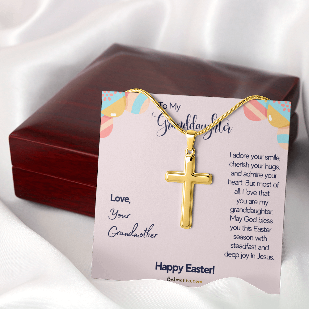 Personalized Cross Necklace with Snake Chain for Granddaughter - Happy Easter - Grandmother Pink & Eggs
